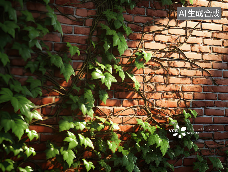 【AI数字艺术】红砖墙上的绿意,阳光下的砖墙藤蔓图片素材