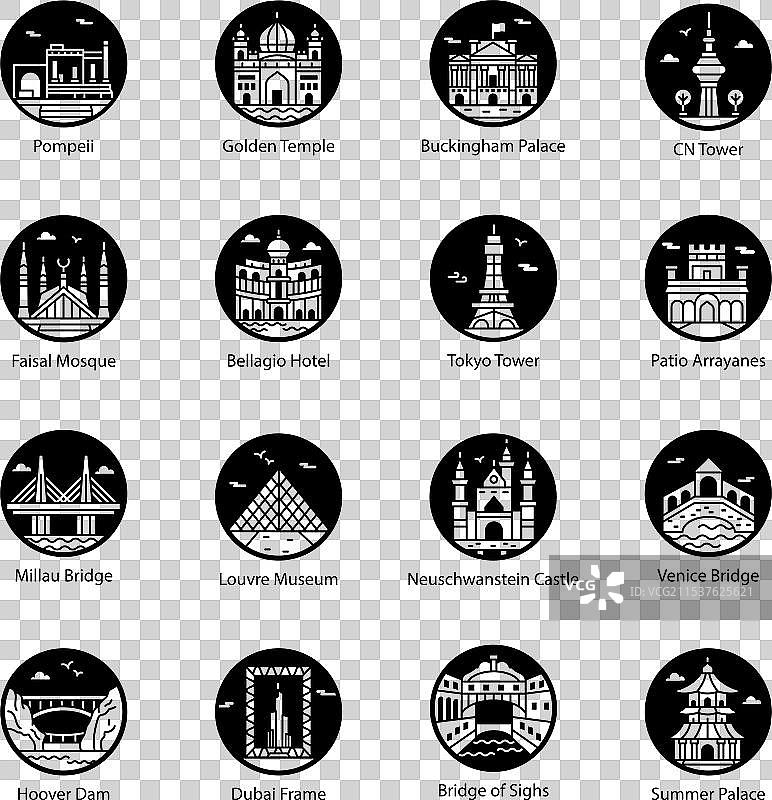 著名纪念碑的图标风格图案合集图片素材