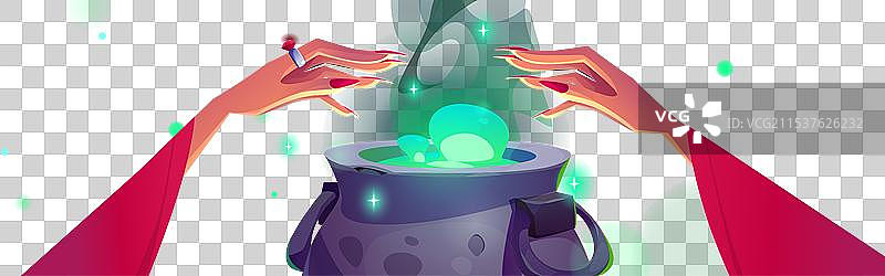 女巫的手在药锅上施展魔法，调制药水图片素材