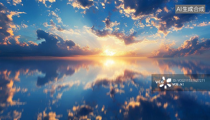 【AI数字艺术】海湖面水天一色倒影图片素材