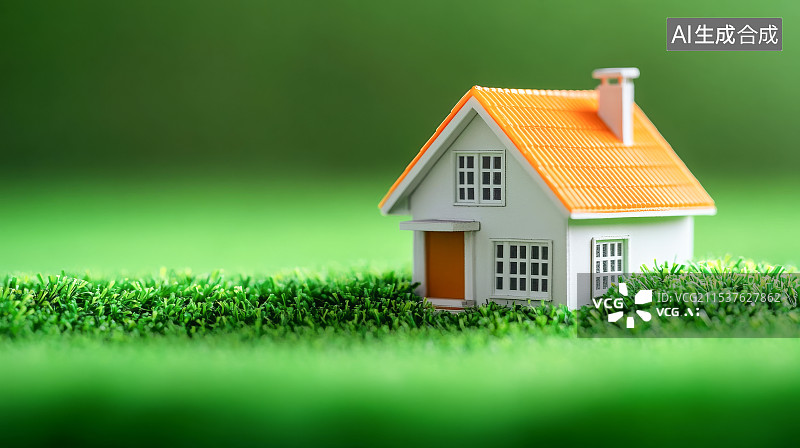 【AI数字艺术】绿色草地草坪上的迷你房子模型图片素材