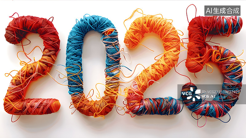 【AI数字艺术】2025年新年数字由白色背景的多色纱线制成图片素材