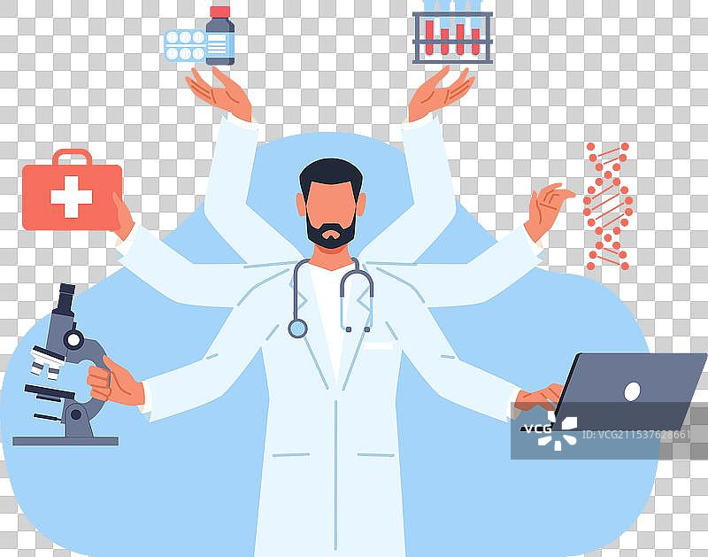 多任务处理的男性医生与许多事务图片素材