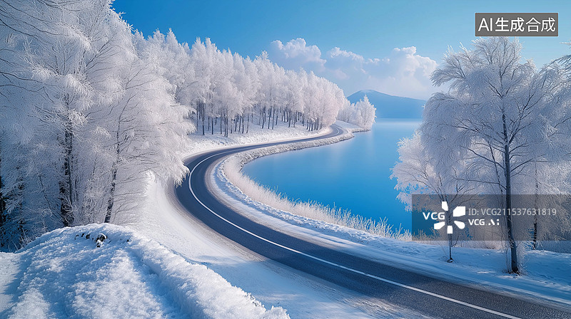 【AI数字艺术】冬季冰雪森林与山间公路图片素材