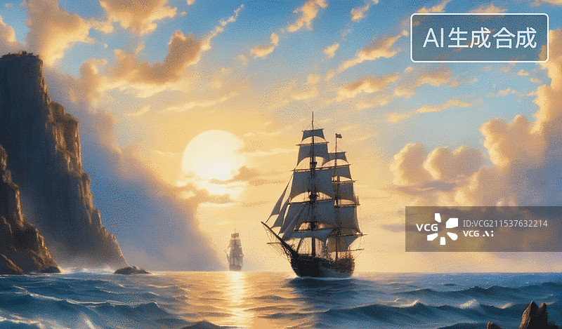 【AI数字艺术】日落帆船图片素材