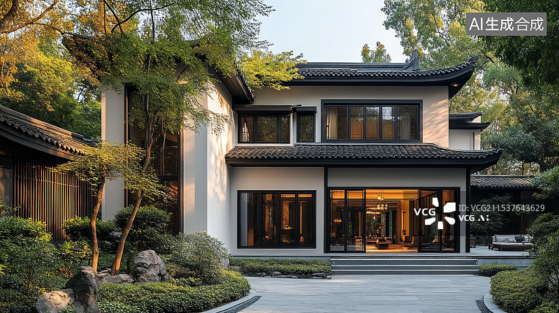【AI数字艺术】现代中式庭院别墅景观设计图片素材