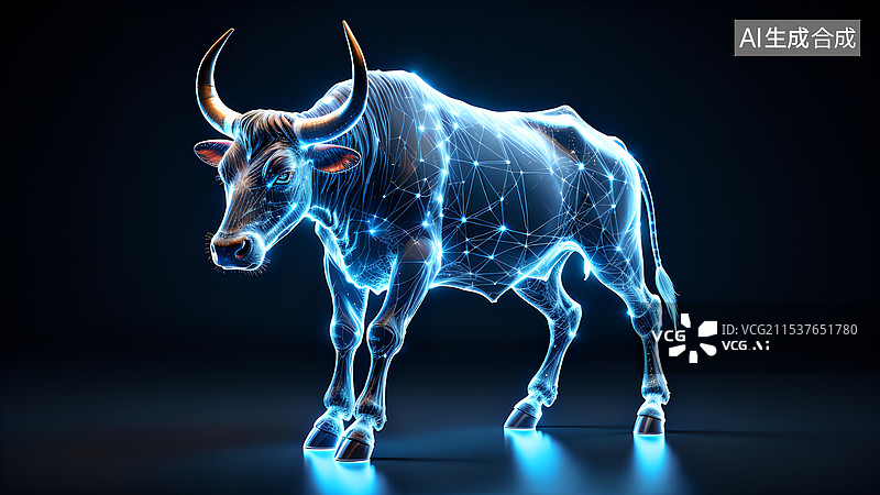 【AI数字艺术】发光的公牛全息图 股市概念插画图片素材