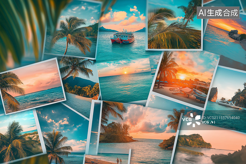 【AI数字艺术】平铺堆积的海边旅行图片图片素材