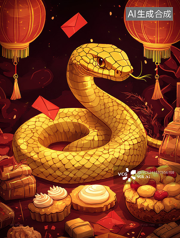 【AI数字艺术】中国蛇年春节国潮背景上的金色蛇海报图片素材