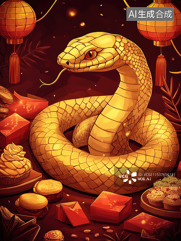 【AI数字艺术】中国蛇年春节国潮背景上的金色蛇海报图片素材