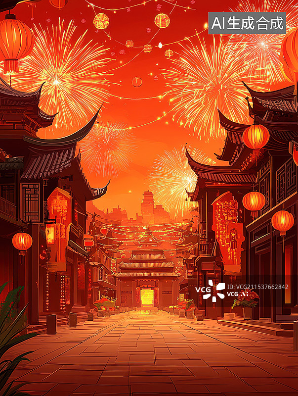 【AI数字艺术】春节元宵古镇街道上的建筑和烟花图片素材