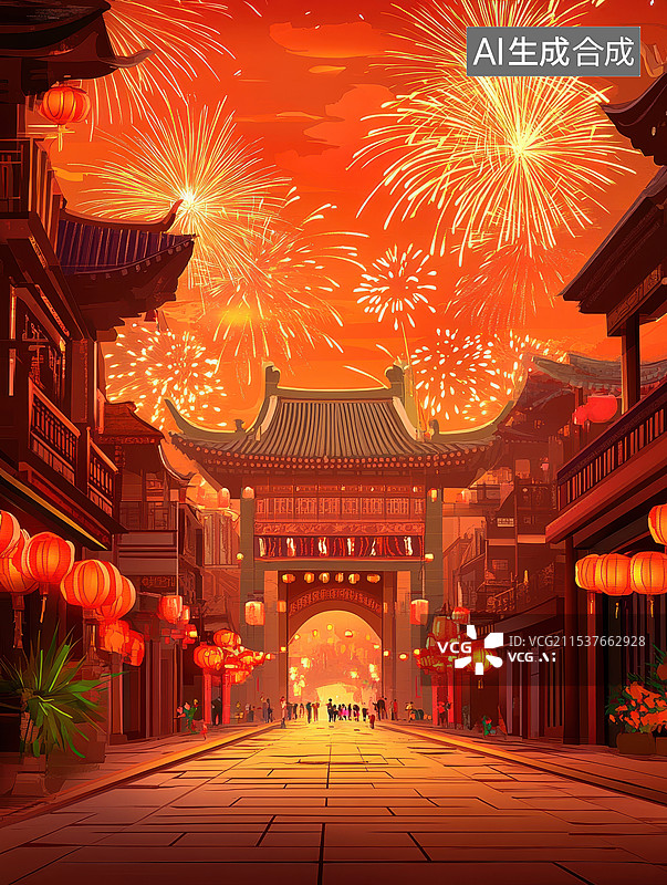 【AI数字艺术】春节元宵古镇街道上的建筑和烟花图片素材
