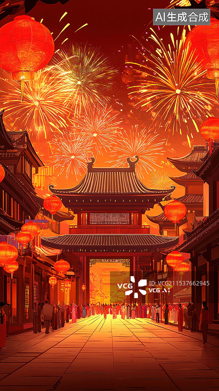 【AI数字艺术】春节元宵古镇街道上的建筑和烟花图片素材