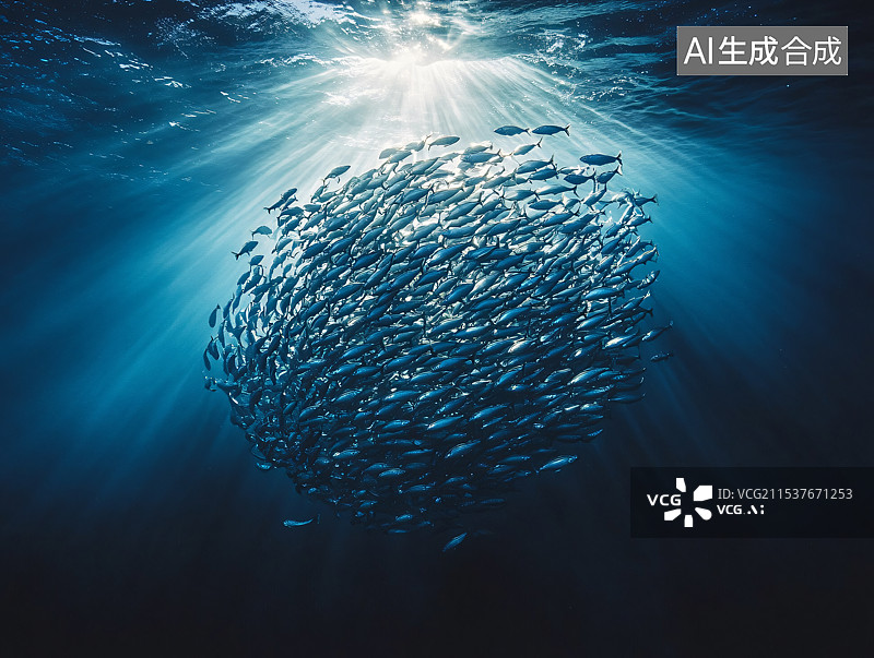 【AI数字艺术】一群鱼在深海中聚集在一起，形成一个紧密而迷人的团体，展示了水下世界海洋生物的美丽。图片素材