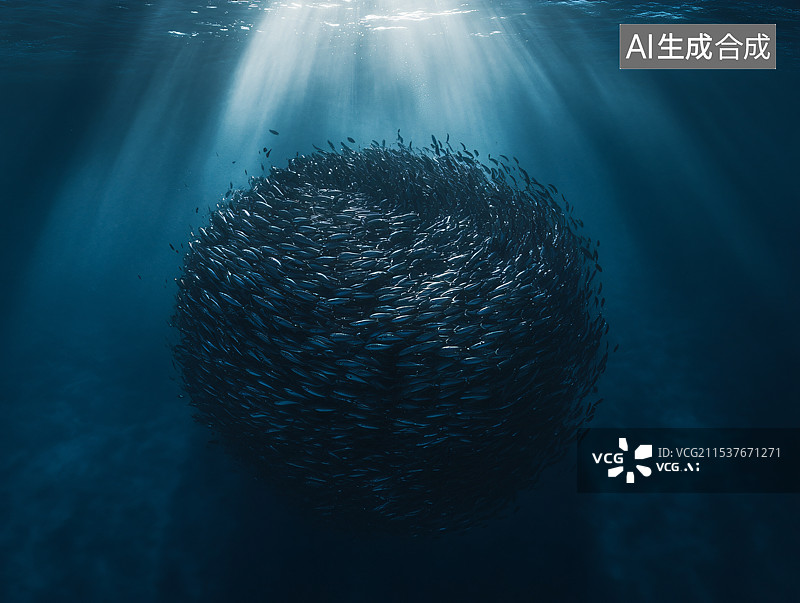 【AI数字艺术】一群鱼在深海中聚集在一起，形成一个紧密而迷人的团体，展示了水下世界海洋生物的美丽。图片素材