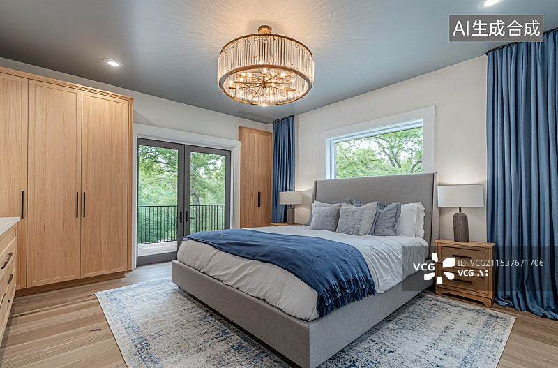 【AI数字艺术】现代酒店卧室，展现了现代设计，优雅的家具，柔和的灯光，营造出一个理想的安静舒适的环境，适合休息放松。图片素材