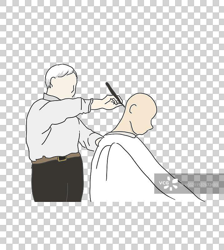 白发理发老师傅给客人剃头图片素材