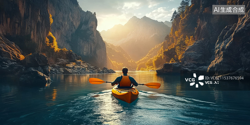 【AI数字艺术】一个男人在山间的河里划皮划艇图片素材