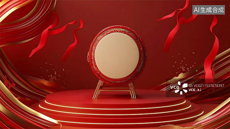 【AI数字艺术】三维立体新年红色背景图片素材