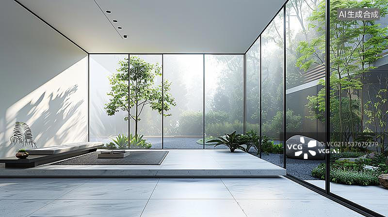 【AI数字艺术】现代新中式建筑庭院景观 室内空间带绿植图片素材