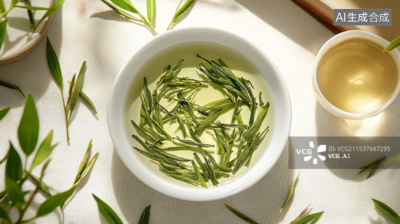 【AI数字艺术】绿茶茶叶和茶具特写，茶道概念图片素材
