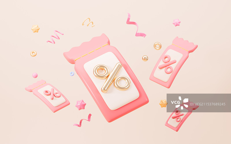 卡通优惠券代金券和彩色礼花3D渲染图片素材