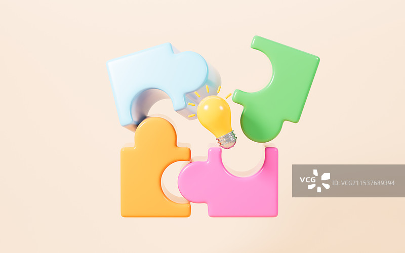 卡通创意拼图抽象团队协作概念3D渲染图片素材