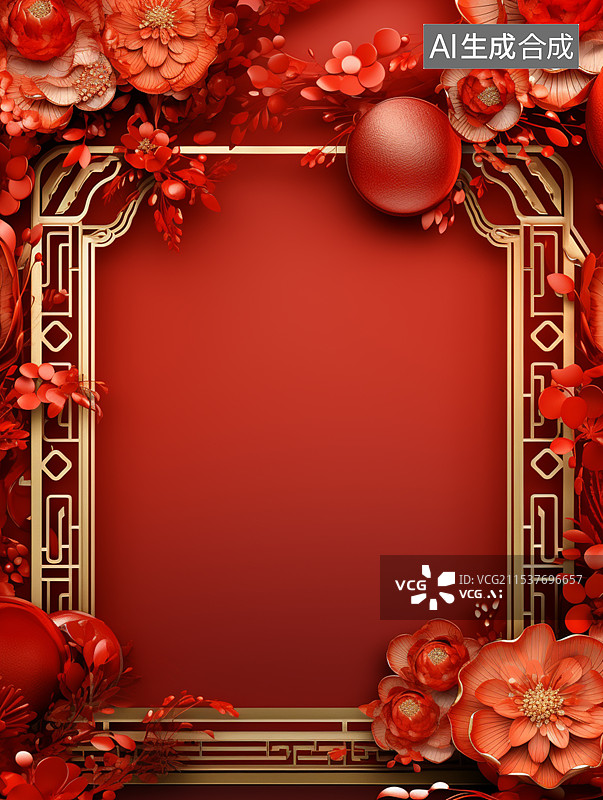 【AI数字艺术】中国风红色花卉剪纸喜庆节日红色花朵装饰图片素材