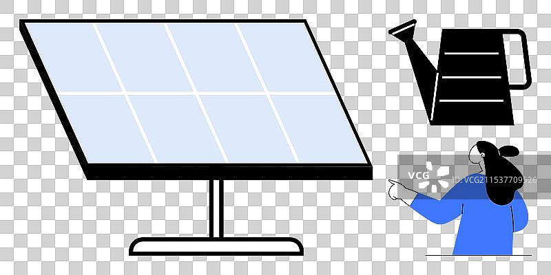 带有浇水壶和指着的人的太阳能电池板图片素材