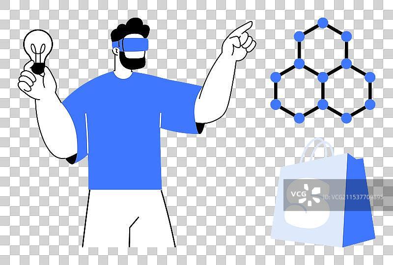 戴着虚拟现实头盔的男子手握灯泡图片素材