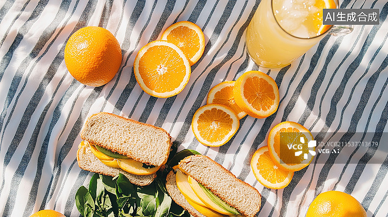 【AI数字艺术】活力夏日野餐平铺新鲜水果多汁橙子、三明治和清爽柠檬水摆放在条纹毯上聚餐夏天节气小暑图片素材