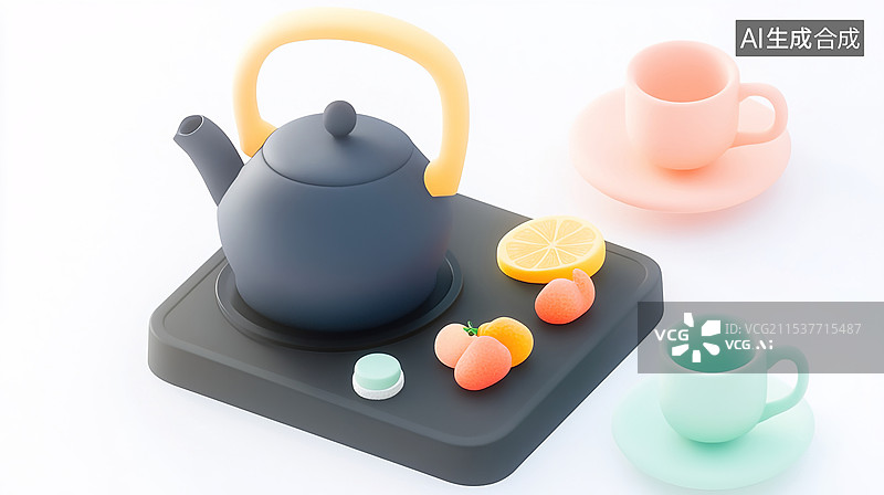 【AI数字艺术】温馨茶时光围炉煮茶3D插画展现茶具水果和点心的休闲生活方式可爱装饰设计配以柔和背景图片素材