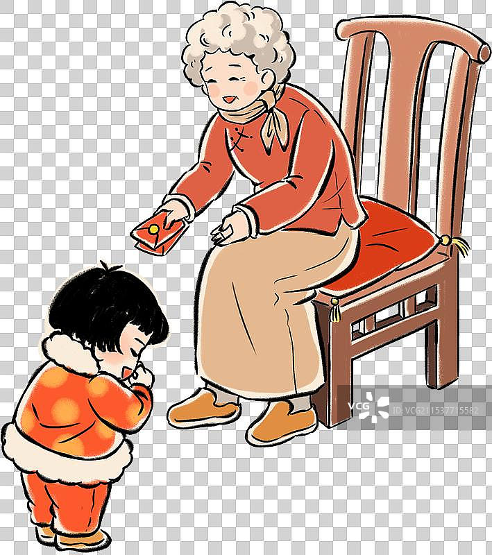 国风速写描线漫画人物全身像小女孩鞠躬拱手给坐着的老年女人拜年给红包图片素材