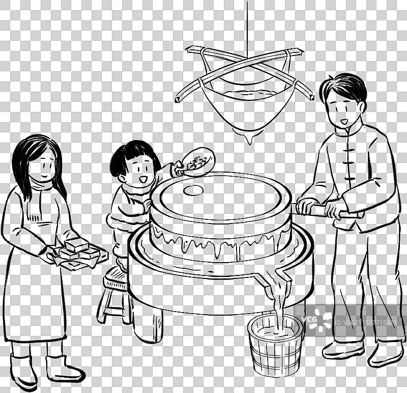 国风速写描线漫画人物全身像腊月二十五推磨做豆腐线稿图片素材