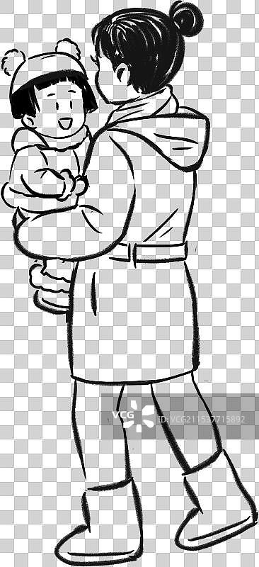 国风速写描线漫画人物全身像女抱小孩走路背影冬装线稿图片素材