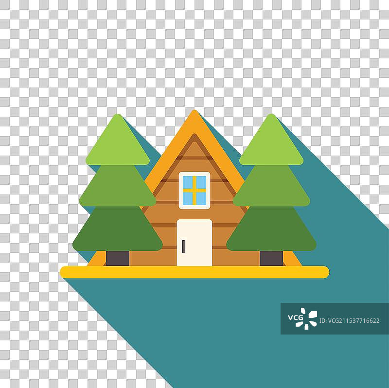 小木屋矗立在两棵冷杉树之间图片素材