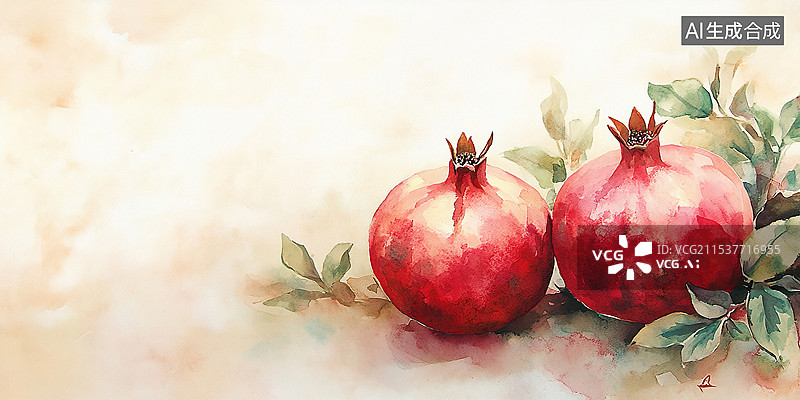 【AI数字艺术】2颗新鲜大石榴水彩插画浅黄色纹理纸质背景图片素材