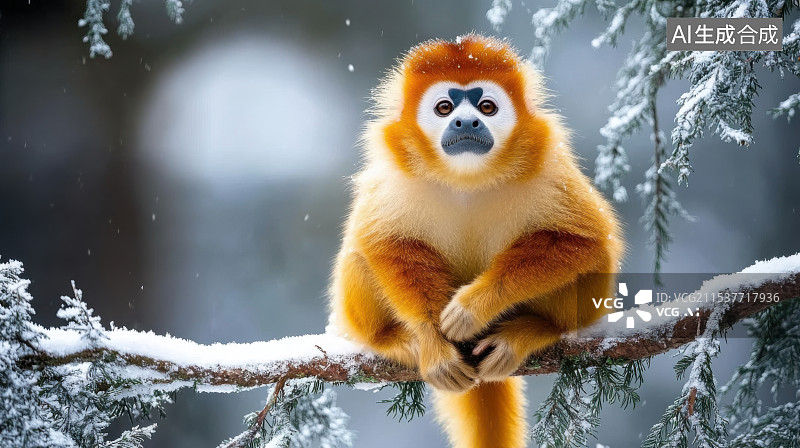 【AI数字艺术】冬天冰天雪地里的金丝猴图片素材