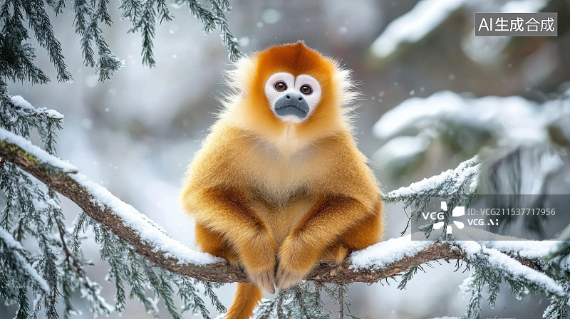【AI数字艺术】冬天冰天雪地里的金丝猴图片素材