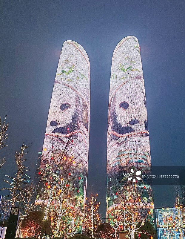 成都武侯区双子塔熊猫映像灯光夜景图片素材