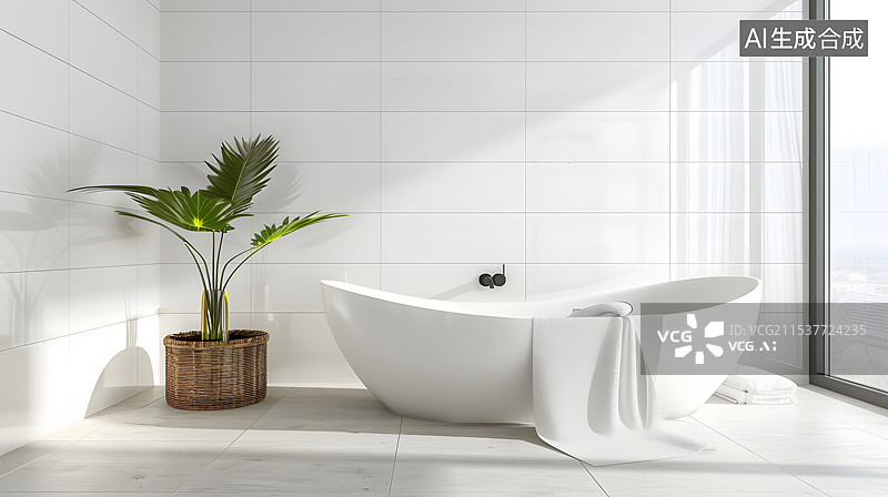 【AI数字艺术】时尚的浴室内部配有现代浴缸图片素材