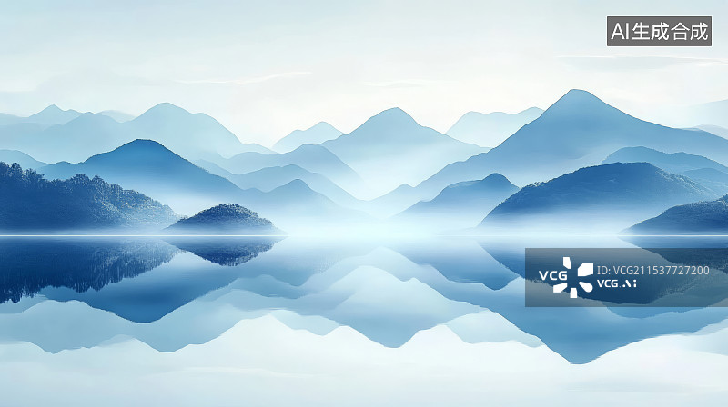 【AI数字艺术】中国风蓝色水墨意境山水画图片素材