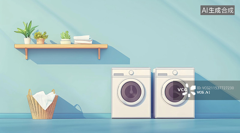 【AI数字艺术】室内洗衣机卡通插画图片素材