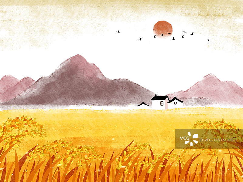 秋天收获季节田野农村乡村农田乡下山村田园风光农民收割晾晒粮食插画图片素材