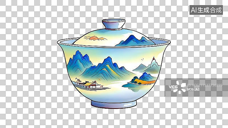 【AI数字艺术】国风手绘插画，盖碗茶，一个盖碗，茶盏，茶杯茶具，瓷器，茶道，茶文化，喝茶饮茶免抠元素图片素材
