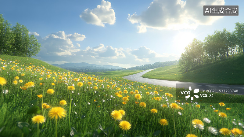 【AI数字艺术】开满鲜花的公路中的一条公路图片素材