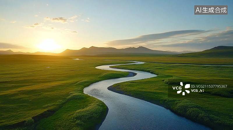 【AI数字艺术】草原上的蜿蜒河流，草原日落图片素材