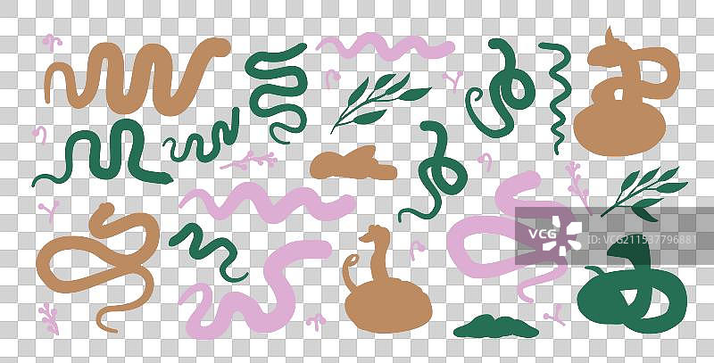 一组蛇的剪影爬行动物剪贴画手绘图图片素材