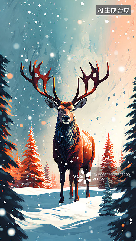 【AI数字艺术】动物主题插画 雪地上的驯鹿图片素材