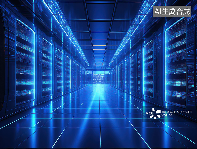 【AI数字艺术】未来科技感数据中心,蓝色光影服务器机房图片素材